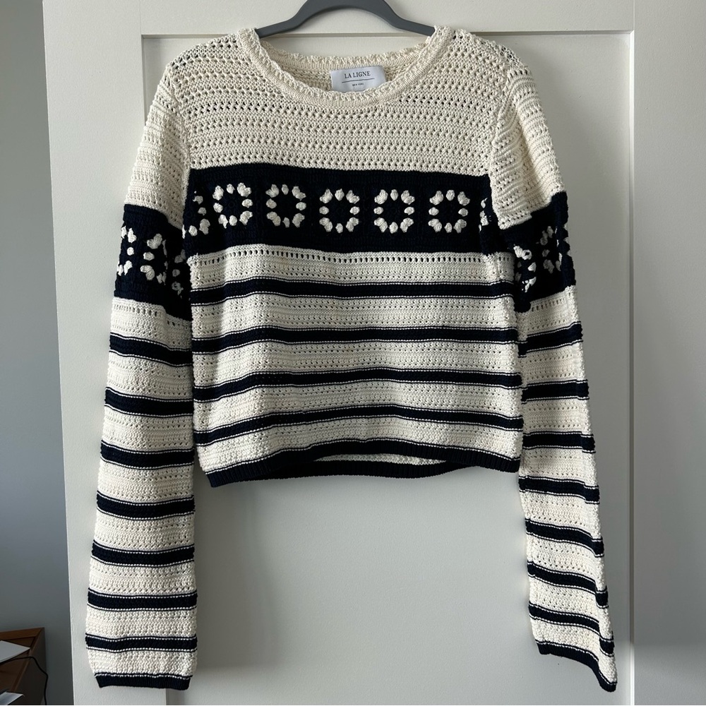 La Ligne Striped Pointelle Pullover Knit Sweater Cream/Blue Size Small - Picture 2 of 12